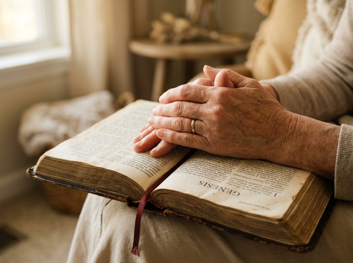 Hands resting on an open Bible in soft light, a quiet moment of prayer
